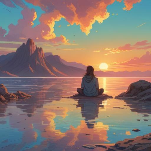 A serene landscape depicting the Dead Sea, mystical atmosphere, reflection of the sky on the water surface, individuals meditating on the shore, ancient ruins in the background, vibrant colors symbolizing spirituality, peaceful and tranquil setting, 4k