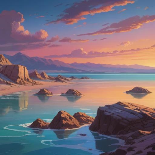 A serene landscape depicting the Dead Sea, calm waters reflecting the sky, mystical atmosphere, spiritual signs represented by glowing symbols above the water, ancient ruins in the background, sun setting in warm hues, peaceful meditation scene, 4k