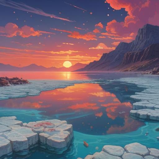 A serene landscape featuring the Dead Sea, mystical aura, spiritual symbols subtly integrated, a calm and reflective atmosphere, gentle waves lapping at the shore, vibrant sunset casting warm colors, ethereal light illuminating the scene, minimalist elements suggesting deeper meanings, natural beauty and tranquility, 4k