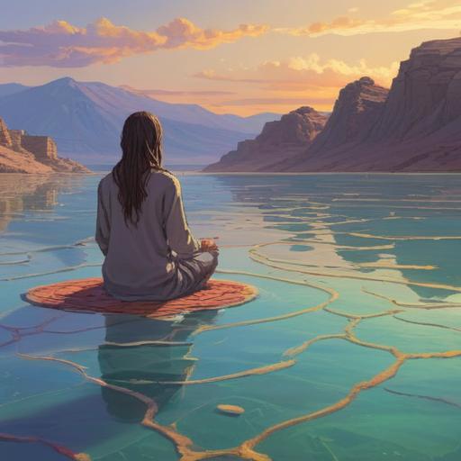 A serene landscape of the Dead Sea, soft ripples on the water's surface, mystical atmosphere, a person meditating on the shore, glowing lucky stones scattered around, warm sunlight filtering through, spiritual symbols in the sand, tranquil and reflective mood, 4k