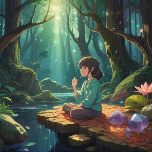 A serene and introspective scene, a person meditating in a tranquil forest, surrounded by vibrant crystals and gemstones, soft rays of sunlight filtering through the trees, illustration of a spiritual journey, finding a lucky stone, the essence of self-discovery and inner peace, mystical atmosphere, detailed botanical elements, 4k