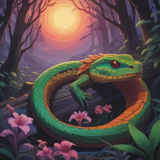 A mystical depiction of a dead snake, symbolizing transformation and rebirth, surrounded by ethereal light, with a serene natural background, soft glowing orbs representing spirit energy, intricate details showing the snake's scales, a tranquil ambiance reflecting spiritual wisdom, high resolution