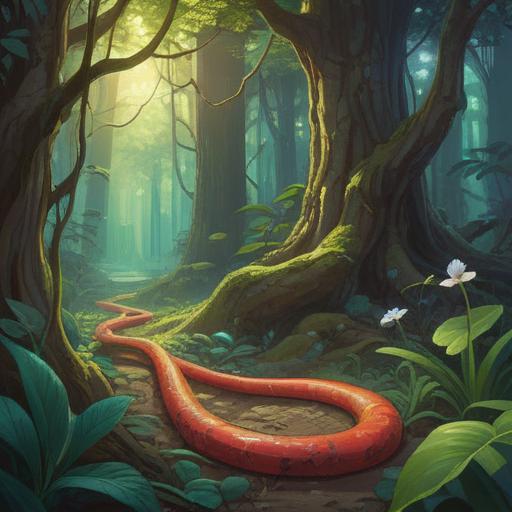 A serene forest scene, a lifeless snake on the ground, vibrant flora surrounding it, ethereal light filtering through the trees, symbols of transformation and change in the air, a sense of caution and reflection, soft color palette, gentle shadows, spiritual undertones, 4k