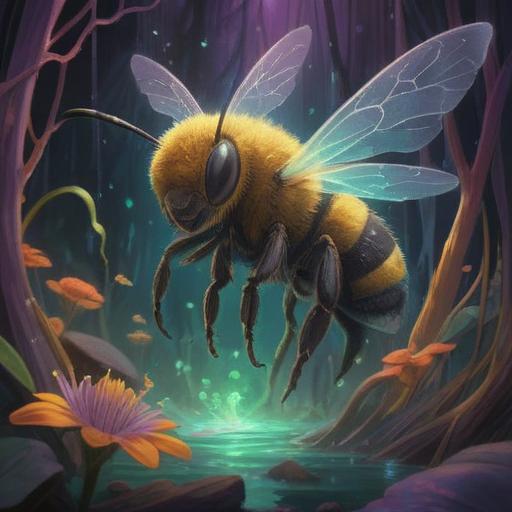A mystical representation of a dead bee, symbolic of transformation and impermanence, surrounded by ethereal light, soft wisps of energy emanating from its body, intricate details highlighting its delicate wings and body, a serene and introspective atmosphere, nature elements like flowers and sparkling orbs, evoking a sense of spiritual connection and reverence, 4k