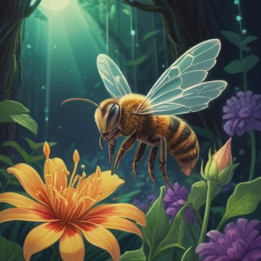 A serene illustration of a deceased bee resting gently on a vibrant flower, ethereal light surrounding it, symbolizing transformation and spiritual awakening, delicate details in the petals, a mystical aura, nature's beauty intertwined with the concept of renewal, soft and harmonious colors, 4k