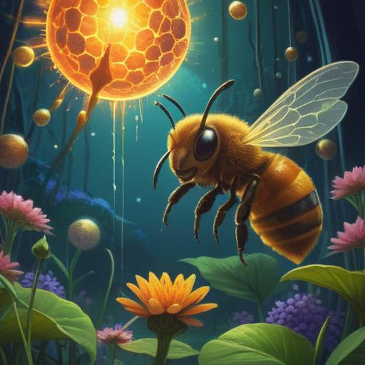 A mystical scene depicting a dead bee surrounded by glowing orbs of light, gentle ripples in the air suggesting spiritual energy, soft ethereal colors, nature setting with blooming flowers, a serene atmosphere, symbolic elements representing transformation and messages from the spirit world, enhanced focus on the bee's intricate details, 4k