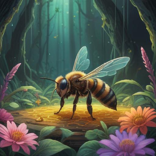 A thought-provoking illustration depicting the significance of a dead bee as a spiritual sign, focusing on the bee surrounded by ethereal light, symbols of transformation, soft colors, nature elements like flowers and sunlight, serene atmosphere, intricate details in the bee and environment, conveying themes of life and rebirth, 4k
