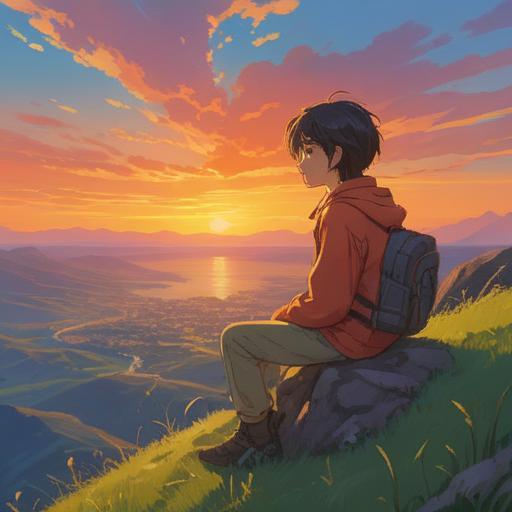 A contemplative scene depicting an individual sitting on a hillside, gazing at a vast sunset, serene expressions reflecting acceptance, soft light illuminating the figure, symbolic representation of life and death, surrounding nature with gentle whispers of wind, emotional depth and tranquility, 4k