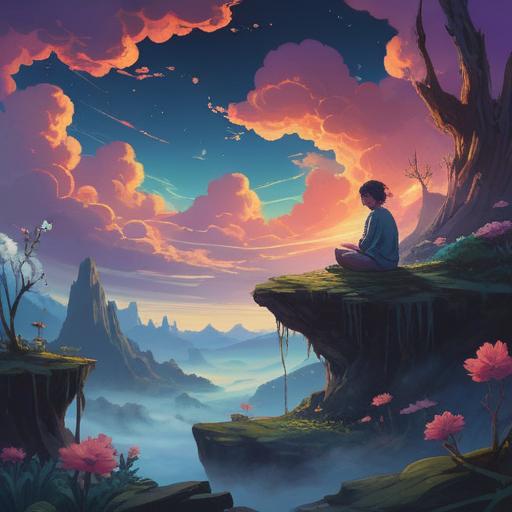 A deep exploration of the spiritual meaning of extreme sleepiness, ethereal dreamscape with floating clouds, a serene figure meditating amidst a celestial background, symbols of rest and renewal, vibrant aura surrounding the character, tranquil colors, harmonious lighting, 4k