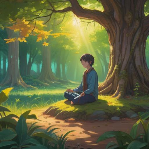 A serene and peaceful landscape, a person meditating under a large tree, soft sunlight filtering through leaves, a sense of tranquility and relaxation, gentle waves of drowsiness surrounding them, ethereal light aura, harmony with nature, soothing colors, spiritual awakening, 4k