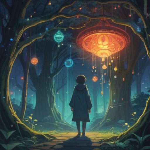 A serene and mystical scene depicting a person surrounded by ethereal lights and symbols, representing spiritual signs, a soft, dreamlike atmosphere, deep blue and purple hues, gentle aura of tranquility, the individual appearing calm yet aware, surrounded by floating celestial objects, hints of nature with gentle breezes and whispering trees, a moment of introspection and connection with the universe, 4k