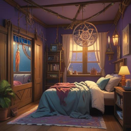 A serene and tranquil scene, featuring a cozy bedroom filled with various spiritual items, soft ambient lighting, a dreamcatcher hanging above the bed, a collection of crystals on a nightstand, aromatic incense burning in the corner, a peaceful aura embracing the room, comfortable bedding inviting relaxation, the essence of calm and restful energy, 4k