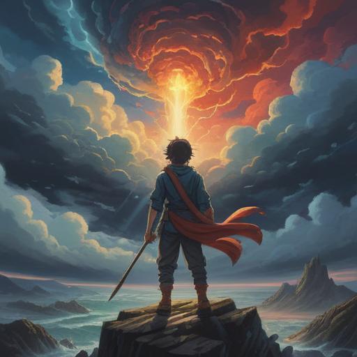 A spiritual illustration depicting personal growth through adversity, a person standing strong amidst stormy clouds, symbolic representation of negativity transforming into light, the emergence of a flower from cracked soil, vibrant colors symbolizing hope, ethereal energy surrounding the figure, a serene and reflective atmosphere, inspirational message integrated into the scenery, 4k