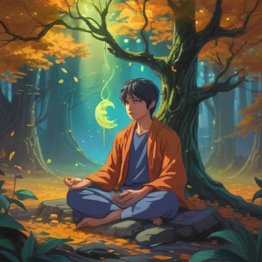 A serene and mystical landscape, depicting a person meditating under a glowing tree, vibrant energy swirling around them, symbols of transformation in the air, representing harmony and healing, soft light illuminating the scene, peaceful expression, ethereal quality, 4k