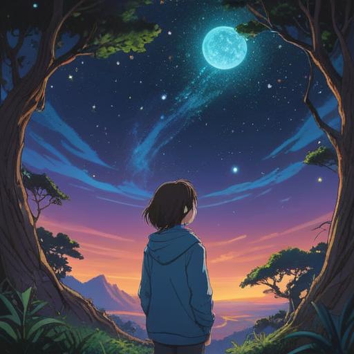 A spiritual scene depicting a person gazing at the stars during a serene night, luminous celestial bodies twinkling above, a sense of peace and hope radiating from the surroundings, gentle winds creating a calming atmosphere, ethereal light illuminating the figure, symbolic representation of guidance and connection to the universe, dreamy landscape, 4k