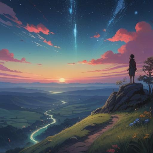 A serene landscape depicting a person standing on a hill, looking towards a twilight sky filled with ethereal stars, symbolic representations of spiritual signs, a gentle breeze moving through tall grass, a feeling of longing and connection, soft light illuminating the scene, hinting at the unseen, serene yet poignant atmosphere, 4k