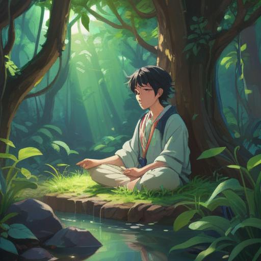 A serene and calming illustration of a crystal lucky stone nestled among lush greenery, gentle sunlight filtering through leaves, a person meditating peacefully nearby, soft pastel colors, a sense of tranquility and harmony, elements of nature surrounding the scene, inviting atmosphere, detailed textures, 4k resolution
