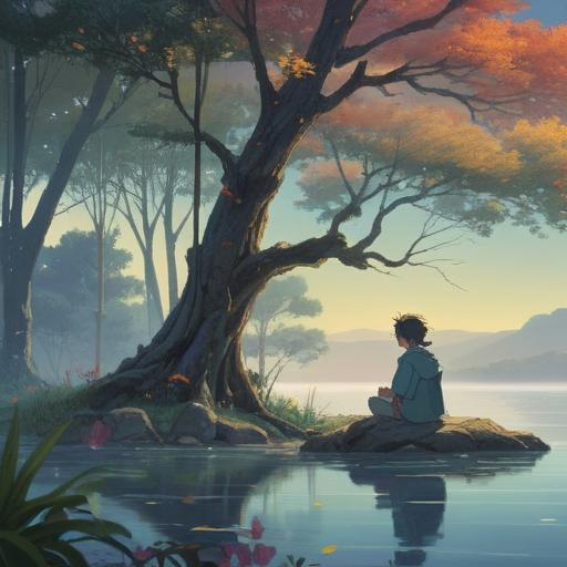 A serene and contemplative scene depicting a figure sitting by a tranquil lake, surrounded by mist, soft light filtering through trees, symbols of life and death blending harmoniously, ethereal glow, vibrant colors, reflection on the water, peaceful expression, philosophical mood, nature’s beauty, spiritual connection, 4k