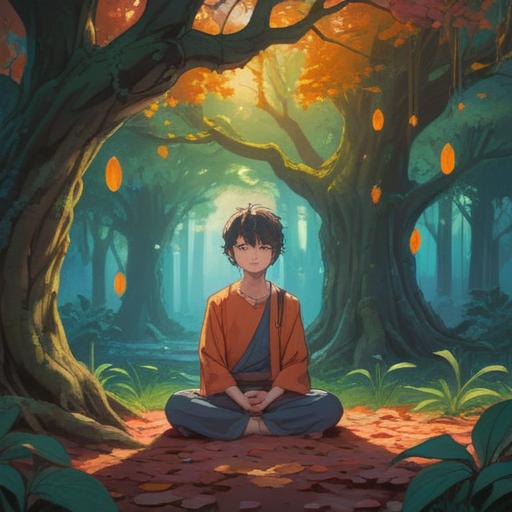 A serene and contemplative scene depicting a figure meditating under a tree, soft light filtering through the leaves, surrounded by symbols of life and death, ethereal glow surrounding the figure, gentle expressions of peace and acceptance, whimsical clouds in the background, vibrant colors representing harmony, 4k