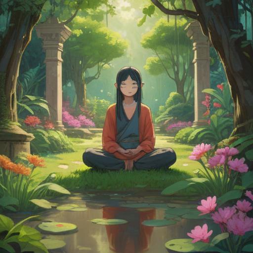 A serene scene depicting a person meditating in a tranquil garden, surrounded by lush greenery and blooming flowers, gentle sunlight filtering through the leaves, a sense of peacefulness and mindfulness, soft breeze rustling the trees, reflecting calmness and inner harmony, 4k