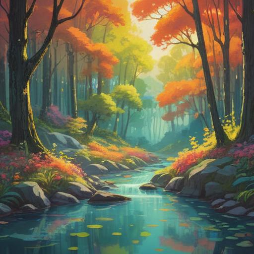 A serene landscape depicting a tranquil forest, soft sunlight filtering through the trees, a peaceful stream flowing gently, vibrant flowers blooming, a person meditating by the water, surrounded by nature’s beauty, harmony and balance, rejuvenating energy, inviting atmosphere, 4k