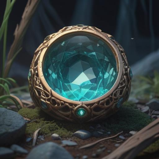A serene and mystical illustration of a broken ring with a missing gemstone, gentle light illuminating the empty setting, symbolic of loss and transformation, ethereal elements surrounding the ring, a soft glow representing spiritual awakening, nature in the background, calm and reflective atmosphere, 4k