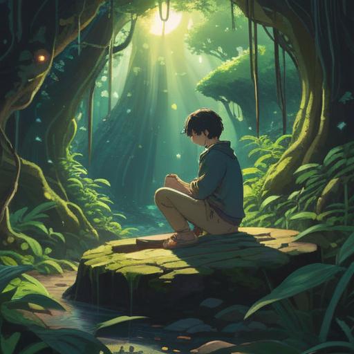 A serene and contemplative scene, a person gazing thoughtfully at a broken ring with a missing stone, sunlight filtering through lush greenery, an aura of positive energy surrounding them, symbols of spiritual growth and new beginnings, mystical elements subtly integrated, soft focus, harmonious colors, 4k
