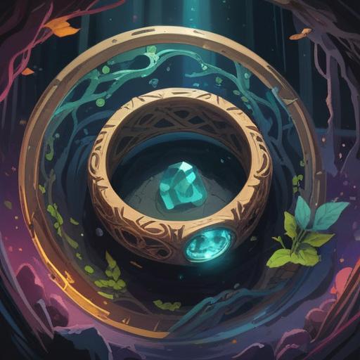 A mystical scene depicting a ring missing its gemstone, vibrant energy swirling around the ring, subtle spiritual symbols in the background, an aura of caution and reflection, a serene and thoughtful atmosphere, detailed close-up of the ring, nature elements intertwined, sacred geometry, 4k