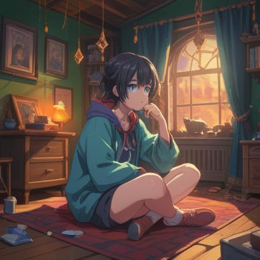A character sitting in a cozy room, looking thoughtfully at a broken ring, a sparkling gemstone lying beside it, soft light coming through the window, reflections of past memories, emotions of hope and uncertainty, an open book nearby, symbolic of change and new beginnings, warm color palette, inviting atmosphere, intricate details, 4k