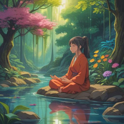 A serene and introspective scene, a person meditating in a tranquil nature setting, surrounded by vibrant flowers and gentle streams, soft glowing light illuminating the scene, symbols of abundance and growth, a sense of peace and self-discovery, harmonious colors reflecting spirituality, 4k