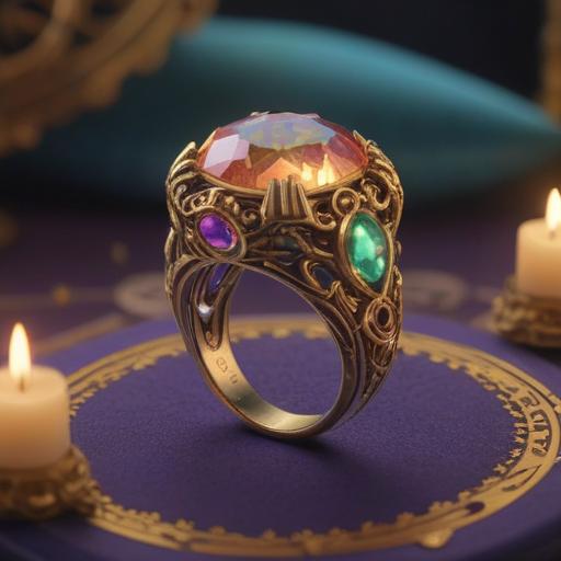 A beautifully crafted ring resting on a velvet cushion, radiant gems reflecting light, surrounded by soft ethereal glow, symbolic of spiritual connection and desire, intricate designs representing love and commitment, serene background with gentle pastel colors, mystical atmosphere, inviting and hopeful mood, 4k