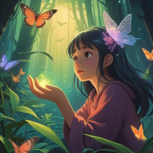 A serene and mystical illustration of a person discovering a glowing ring in a tranquil forest, surrounded by ethereal light, symbolic butterflies fluttering around, representing spiritual guidance and hope, soft rays of sunlight breaking through the trees, peaceful and reflective atmosphere, rich colors, detailed natural elements, 4k