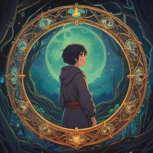 A mystical illustration of a person gazing at a shimmering ring, surrounded by ethereal light, subtle planetary alignments in the background, symbolic elements like feathers and crystals, conveying a sense of spiritual awareness and intuition, peaceful atmosphere, soft glowing colors, 4k