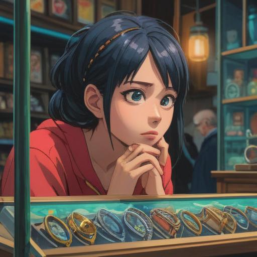 A thought-provoking illustration depicting a person gazing at beautiful rings in a shop window, reflective expression, symbolic imagery of desire and longing, soft lighting creating an intimate atmosphere, subtle hints of personal stories and dreams behind each ring, 4k