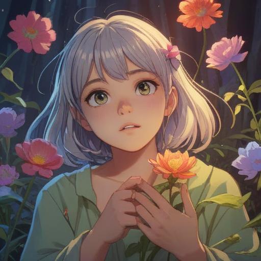 A serene and calming scene, depicting a single finger gently touching a delicate flower, soft glowing aura surrounding the flower, subtle aromatic wisps rising into the air, hints of light reflecting off the finger, tranquil atmosphere, nature-inspired colors, soothing vibes, detailed texture of the flower petals, 4k