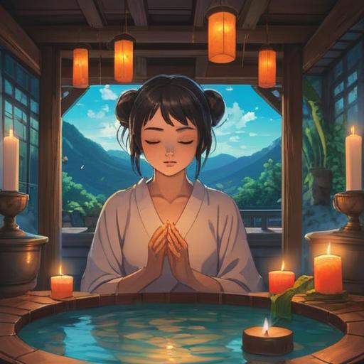 A serene scene of a tranquil spa environment, soft lighting, fragrant candles and essential oils, a person meditating with closed eyes, lush plants surrounding, calming water feature, soothing colors like lavender and green, peaceful atmosphere, a sense of relaxation and healing for both mind and body, 4k