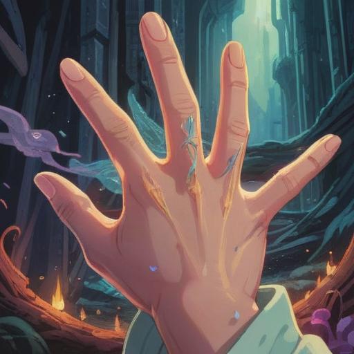 A symbolic illustration of the moment of cutting a finger, representing spiritual awakening, detailed close-up of a hand in motion, ethereal light surrounding the finger, vivid contrast between the action and the serene atmosphere, elements of transformation and release, mystical symbols in the background, 4k