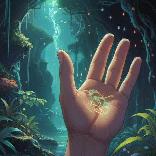 A mystical scene depicting a close-up of a finger with a fresh cut, surrounded by ethereal light, symbols of healing and transformation, soft glowing orbs in the background, nature elements like flowers and vines intertwining, a serene and spiritual atmosphere, conveying the deeper significance of healing and self-discovery, warm colors blending harmoniously, 4k
