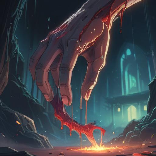 A close-up of a hand with a finger cut, glistening with a hint of blood, surrounded by ethereal light, symbolizing spiritual awakening, intricate patterns forming around the wound, a serene expression on the face, lush nature in the background, mystical atmosphere, vibrant colors, 4k