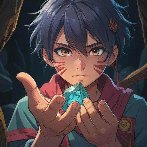 A determined character holding a lucky stone, bandaged finger with a fresh cut, bright light illuminating the stone, symbolic representation of overcoming adversity, inspirational atmosphere, nature background with gentle sunlight filtering through trees, emotional expression of resilience, 4k