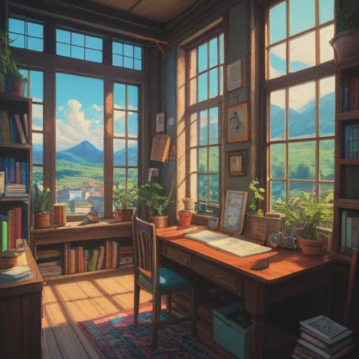 A serene and organized workspace, neatly arranged notebooks and pens, a cup of coffee placed on the desk, a window letting in soft natural light, potted plants adding a touch of greenery, an atmosphere of productivity and focus, harmonious color palette, 4k