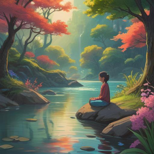 A serene landscape depicting a person meditating by a flowing river, surrounded by lush trees and colorful flowers, soft light filtering through the branches, representing the concept of letting go thoughts, tranquil atmosphere, symbolic butterflies fluttering around, deep connection to nature, 4k