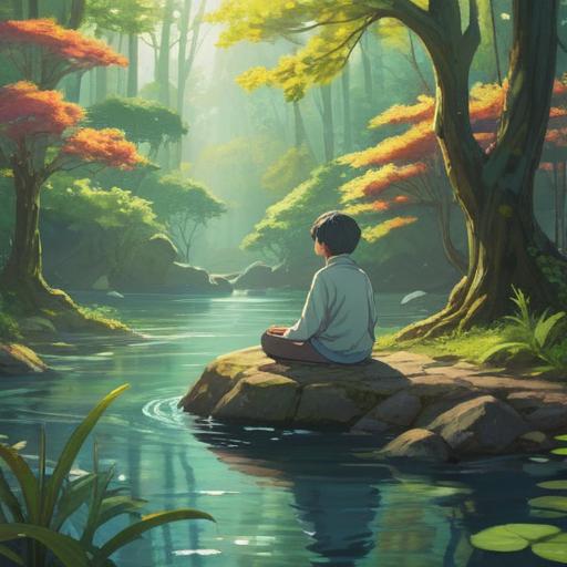 A serene scene depicting a person meditating in a tranquil nature setting, surrounded by gentle flowing water, soft sunlight filtering through lush trees, an aura of peace and enlightenment, symbols of intuition and clarity in the air, vibrant and harmonious colors, conveying a sense of liberation from thoughts, spiritual awakening, 4k