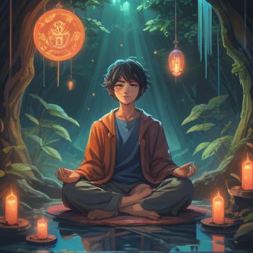 A serene and mystical illustration, ethereal symbols in the air, a person meditating peacefully, surrounded by soft light, recognizable spiritual signs depicted like feathers and feathers floating, gentle waves of energy, nature elements like trees and flowing water, vibrant colors, tranquil atmosphere, 4k