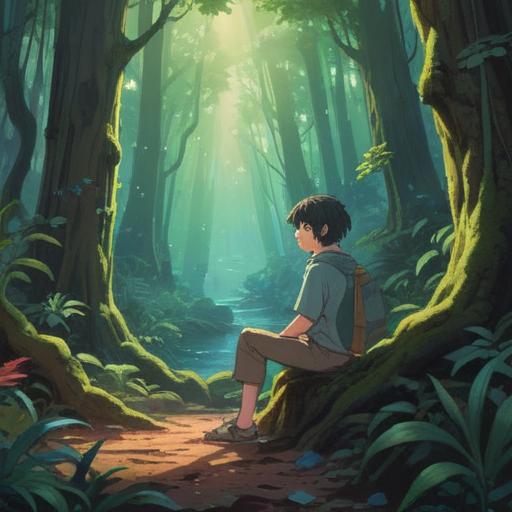 A serene and meditative scene, a person sitting in a tranquil forest, surrounded by ethereal light, deep in contemplation, gentle flow of a nearby stream, ancient trees symbolizing wisdom, peaceful atmosphere, harmonious connection with nature, soft rays of sunlight filtering through leaves, 4k