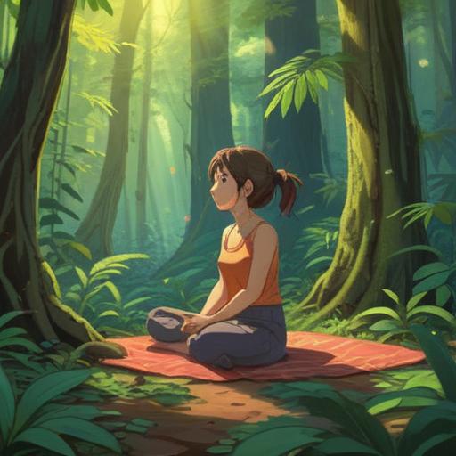 A serene and tranquil scene depicting a person meditating in a lush forest, surrounded by vibrant greenery and soft sunlight filtering through the leaves, a peaceful expression on their face, symbols of spiritual enlightenment gently glowing around them, gentle breeze, harmonious connection with nature, deep sense of calm and clarity, 4k