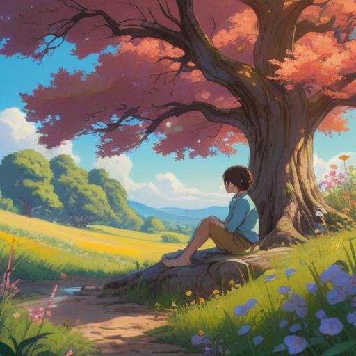A serene landscape depicting a peaceful moment of contemplation, a figure sitting quietly under a tree, surrounded by vibrant wildflowers, gentle sunlight filtering through leaves, a whimsical butterfly fluttering nearby, a sense of calm and clarity, emphasizing the discovery of luck through stillness, all elements harmonizing in tranquility, 4k