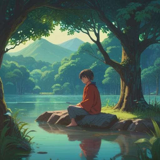 A serene landscape depicting a person sitting peacefully by a tranquil lake, surrounded by lush greenery, their eyes closed, as if stopping their thoughts, the sky above reflecting vibrant colors of sunset, symbolizing new perspectives and clarity, gentle ripples in the water, tranquil atmosphere, 4k