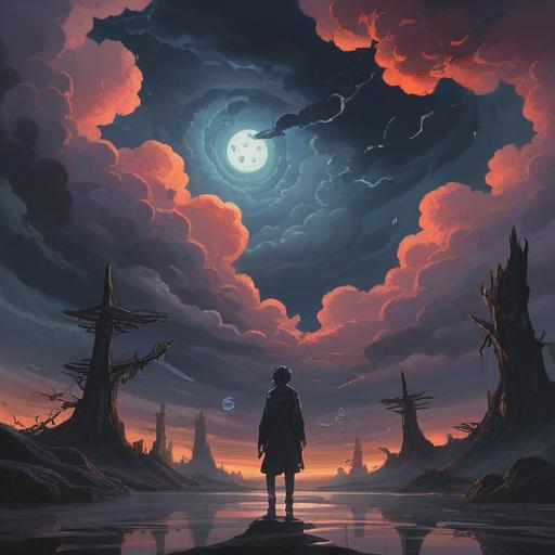 A mystical scene depicting ominous signs of spiritual distress, dark clouds swirling above, a shadowy figure in the foreground, surreal elements representing fear and uncertainty, faint glowing symbols in the air, eerie atmosphere, contrasting colors, symbolize the feeling of immobility, inviting contemplation, 4k