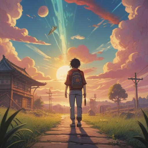 A serene and inspiring scene, a person standing at a crossroads, sunlight breaking through clouds, symbols of auspiciousness and spirituality surrounding them, vibrant nature all around, a sense of optimism and divine guidance, peaceful expression on their face, 4k